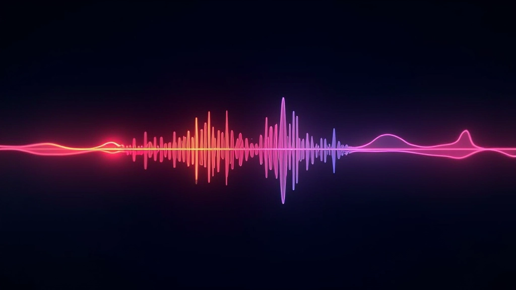 Audio waveform visualization on black background with text overlays, silent video design concept showing visual storytelling without sound