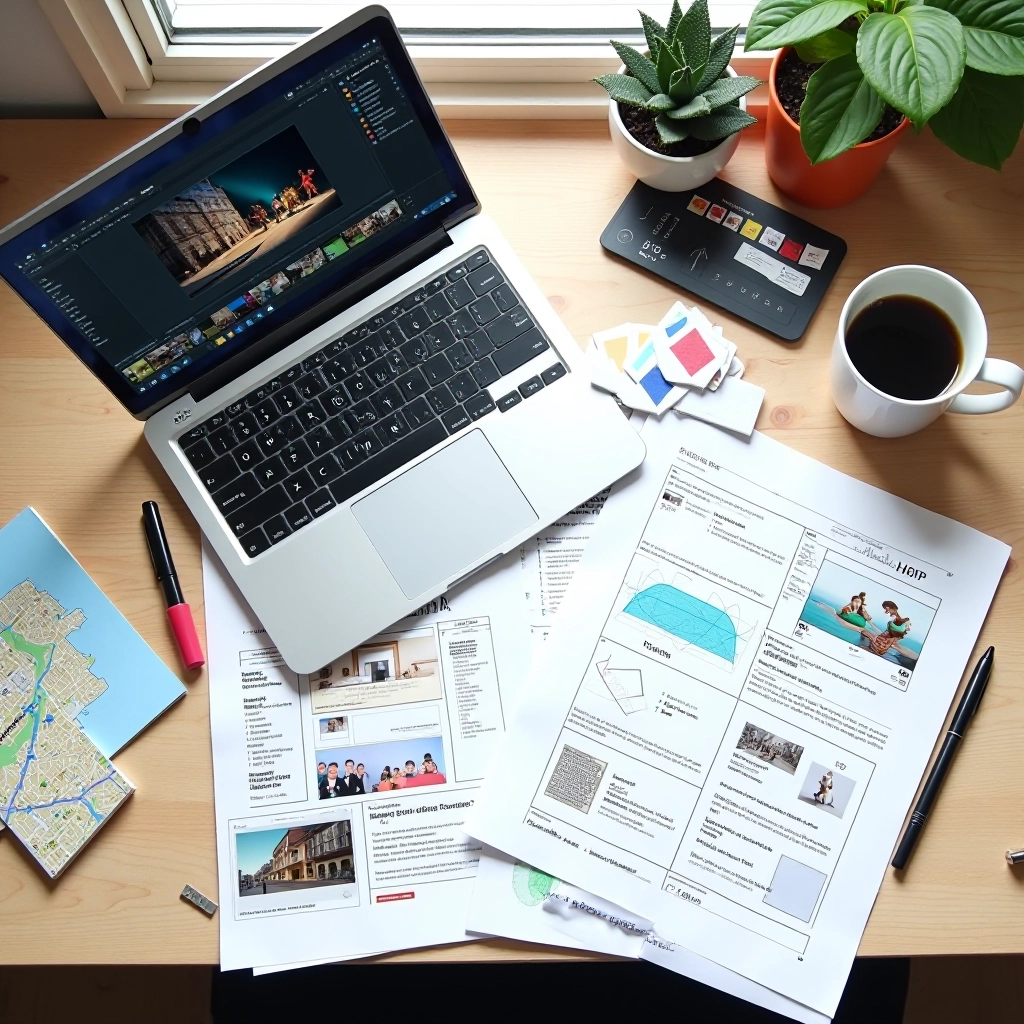 FrameFlow Motion editorial workspace with design tools, notebooks, and motion graphics equipment arranged on a clean desk