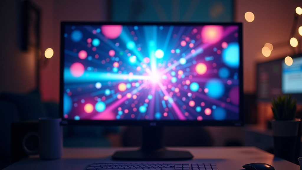 Close-up of computer monitor displaying colorful animated banner advertisement with motion graphics and visual effects