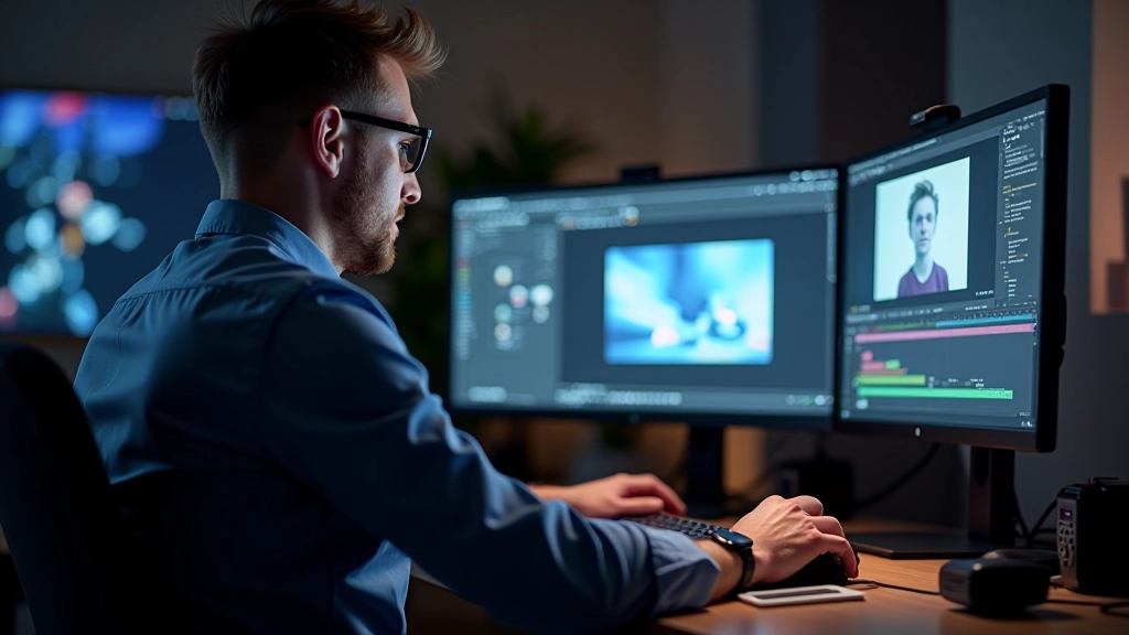 Motion designer working with animation timeline and effects in professional software, multiple layers visible on screen