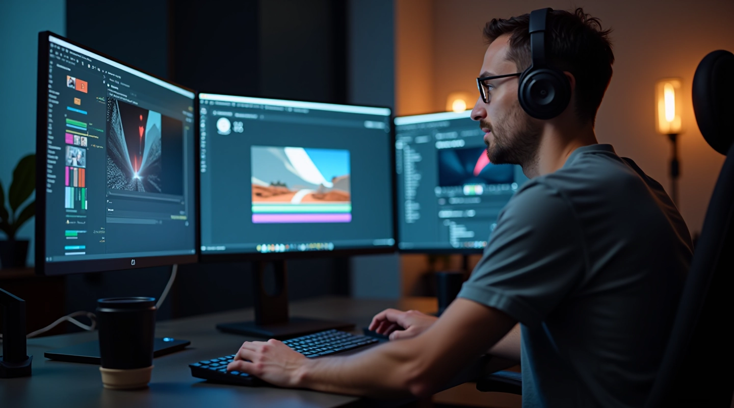 Designer working on animated advertisement at computer workstation with motion graphics software interface displayed