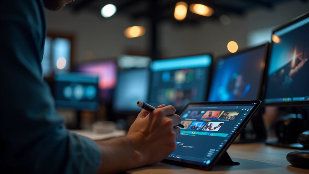 Motion designer working on tablet with short-form video timeline, stylus in hand, bright creative studio with color-coded clips visible