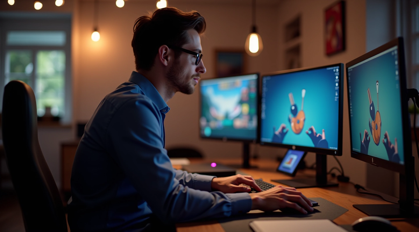 Motion designer working on animated advertisement with professional motion graphics software at modern workspace