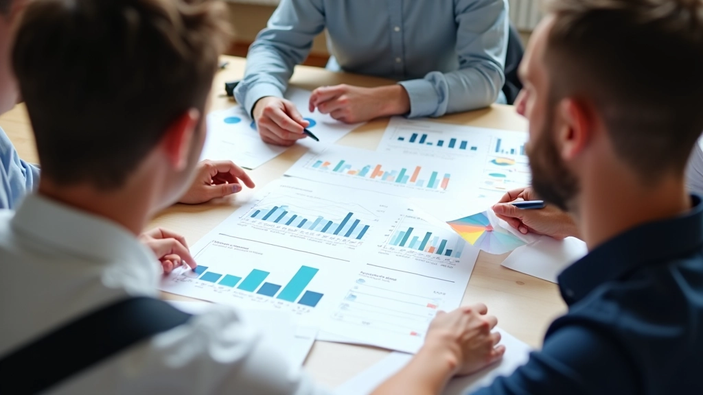 Advertising professionals reviewing motion design metrics and analytics dashboard showing video engagement performance data